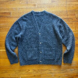 Mens Dark Gray Fuzzy Knit Button Front Cardigan Sweater medium oversized
